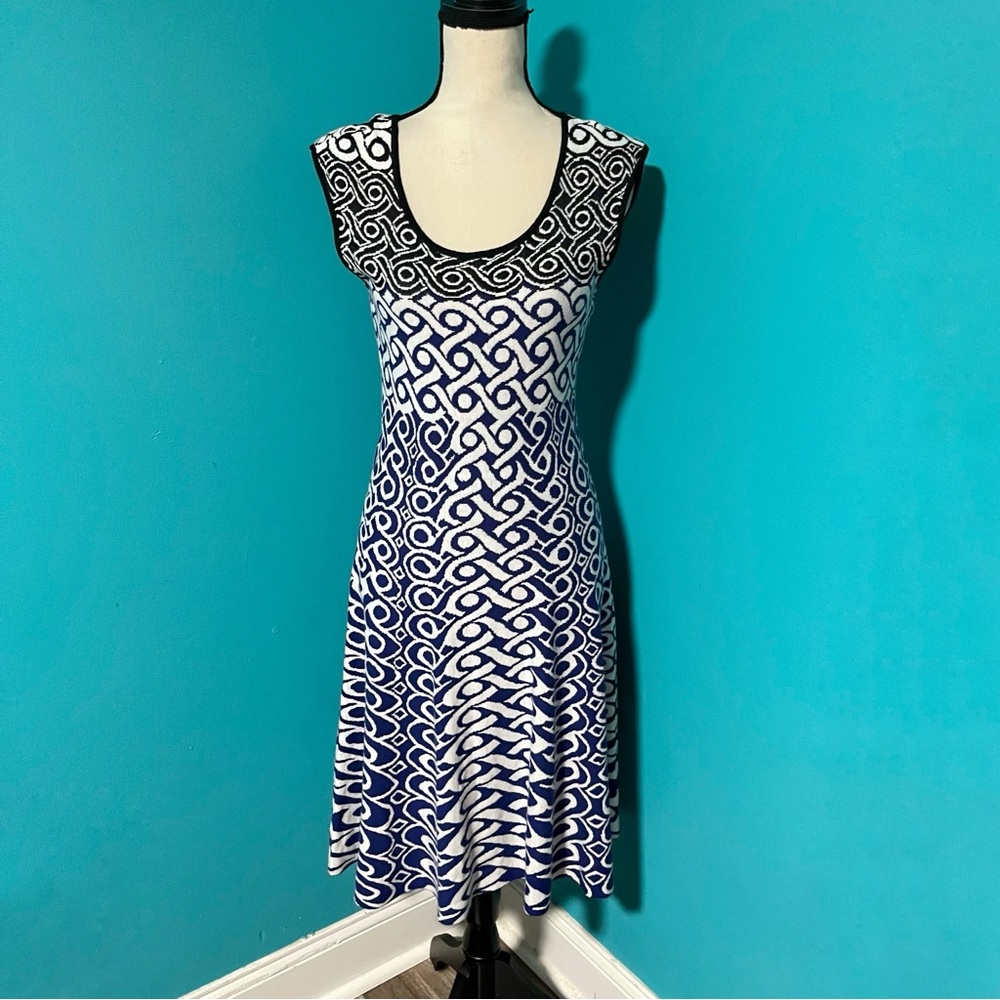 NIC+ZOE S Blue White Black Print Knit Sleeveless A-Line Sweater Dress